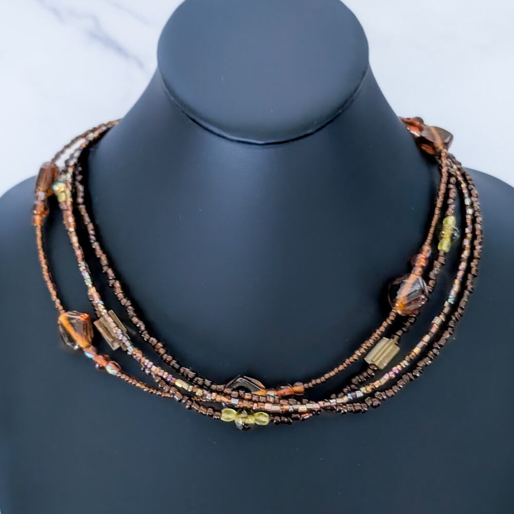 Vintage Necklace Multi Strand Glass? Amber Tone Brown Green Statement